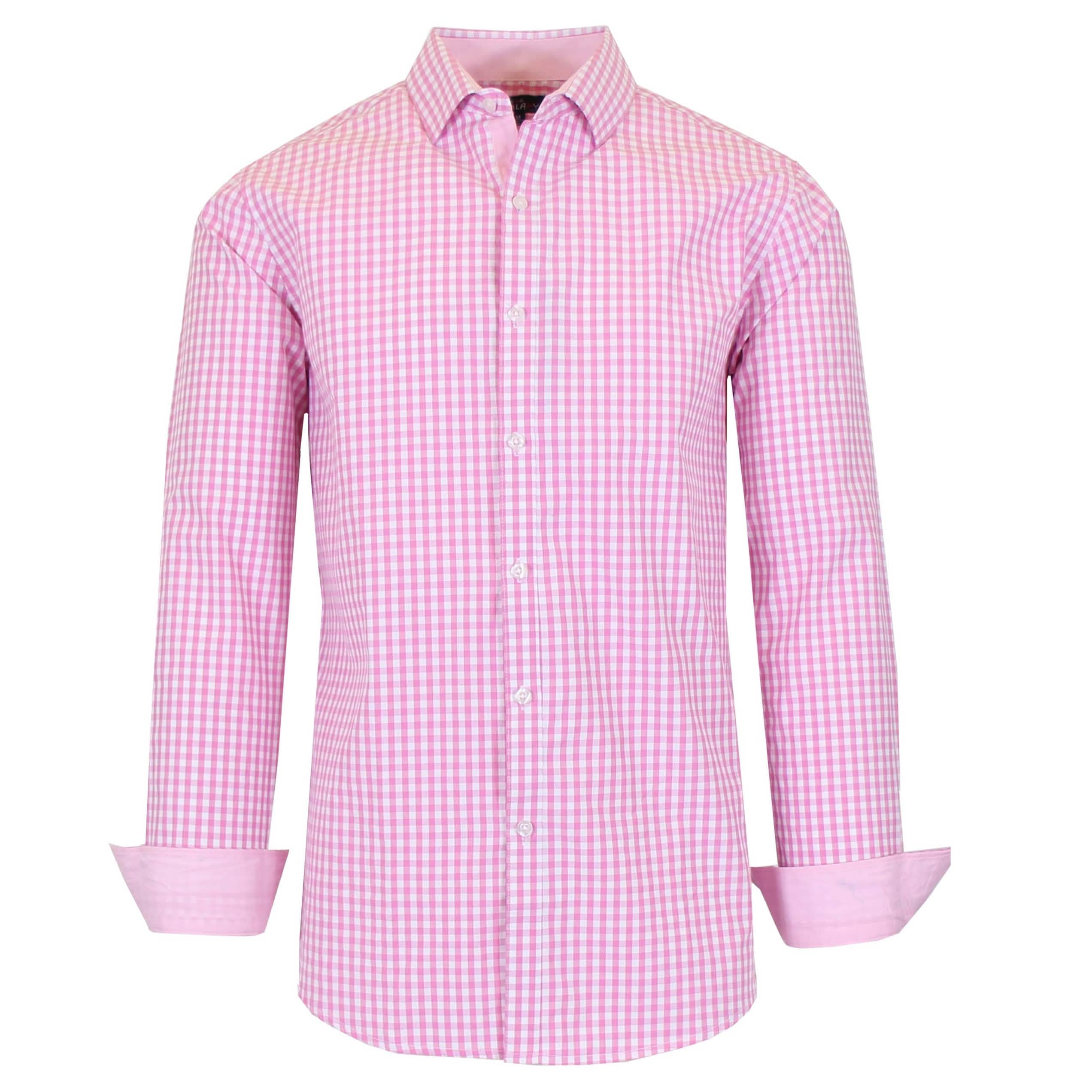 Men's Long Sleeve Slim Fitting Gingham Pattern Dress Shirts Men's Tops Pink S - DailySale