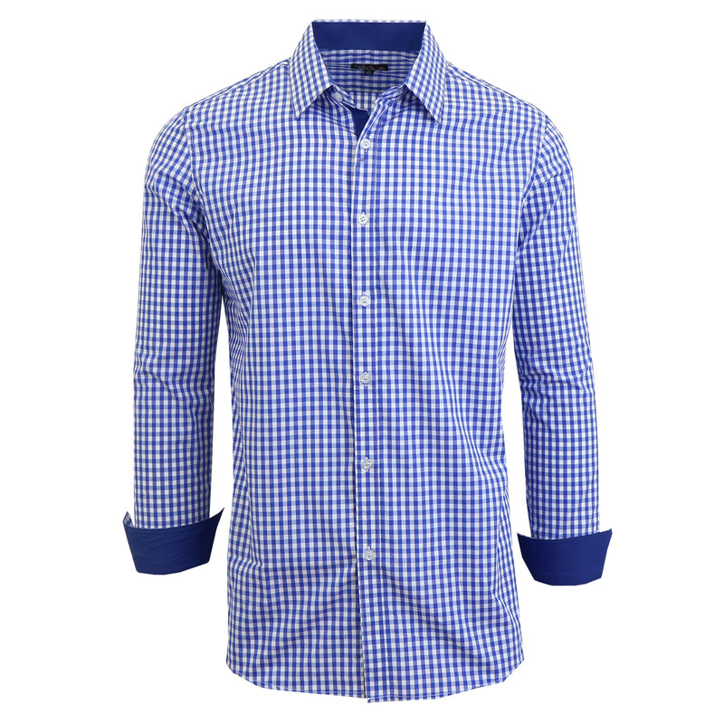 Men's Long Sleeve Slim Fitting Gingham Pattern Dress Shirts Men's Tops Royal S - DailySale