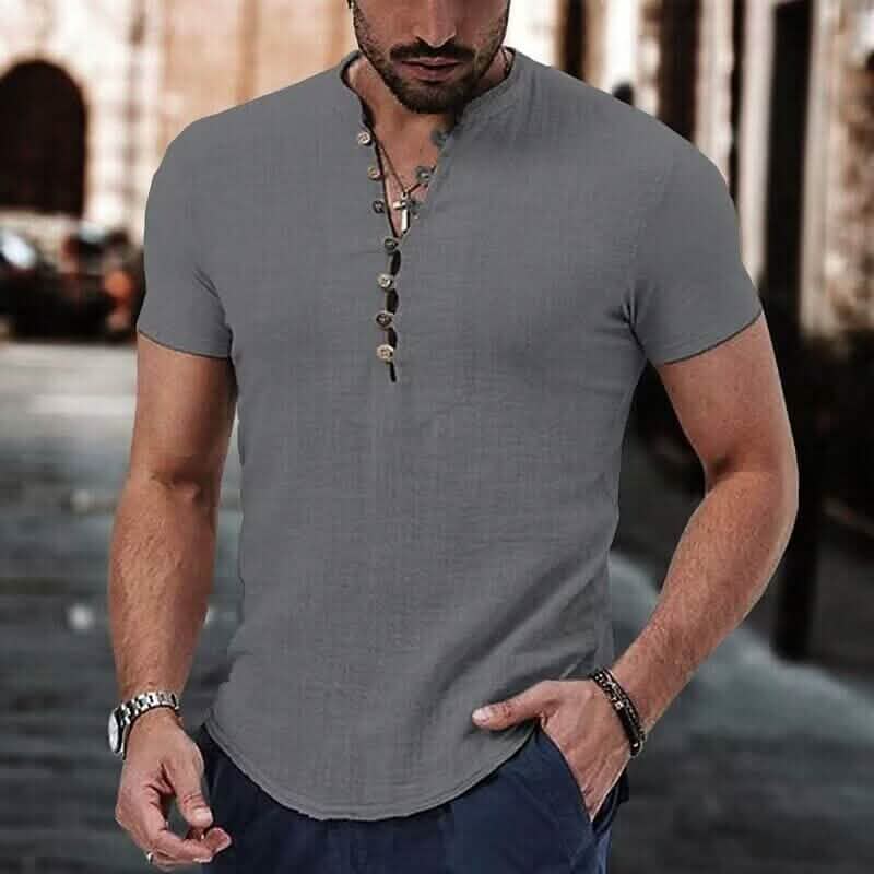 Men's Popover Shirt Short Sleeve Plain V Neck Men's Tops Gray S - DailySale
