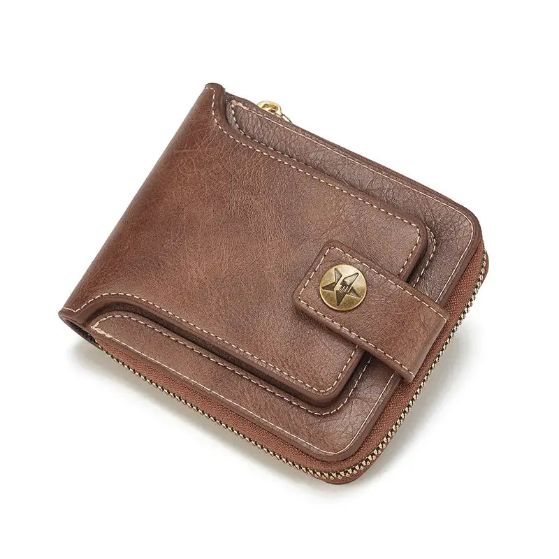 Men's PU Leather Solid Color Business Wallet, Card Holder With Zipper & Button Men's Shoes & Accessories Brown - DailySale
