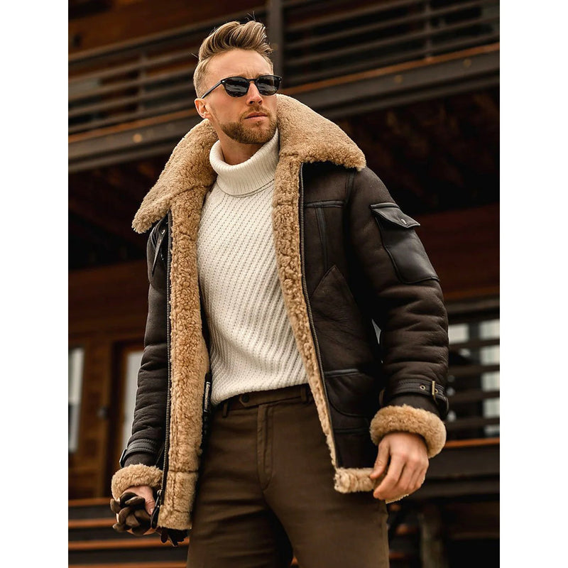 Men's Shearling Coat Winter Jacket Men's Outerwear Coffee S - DailySale