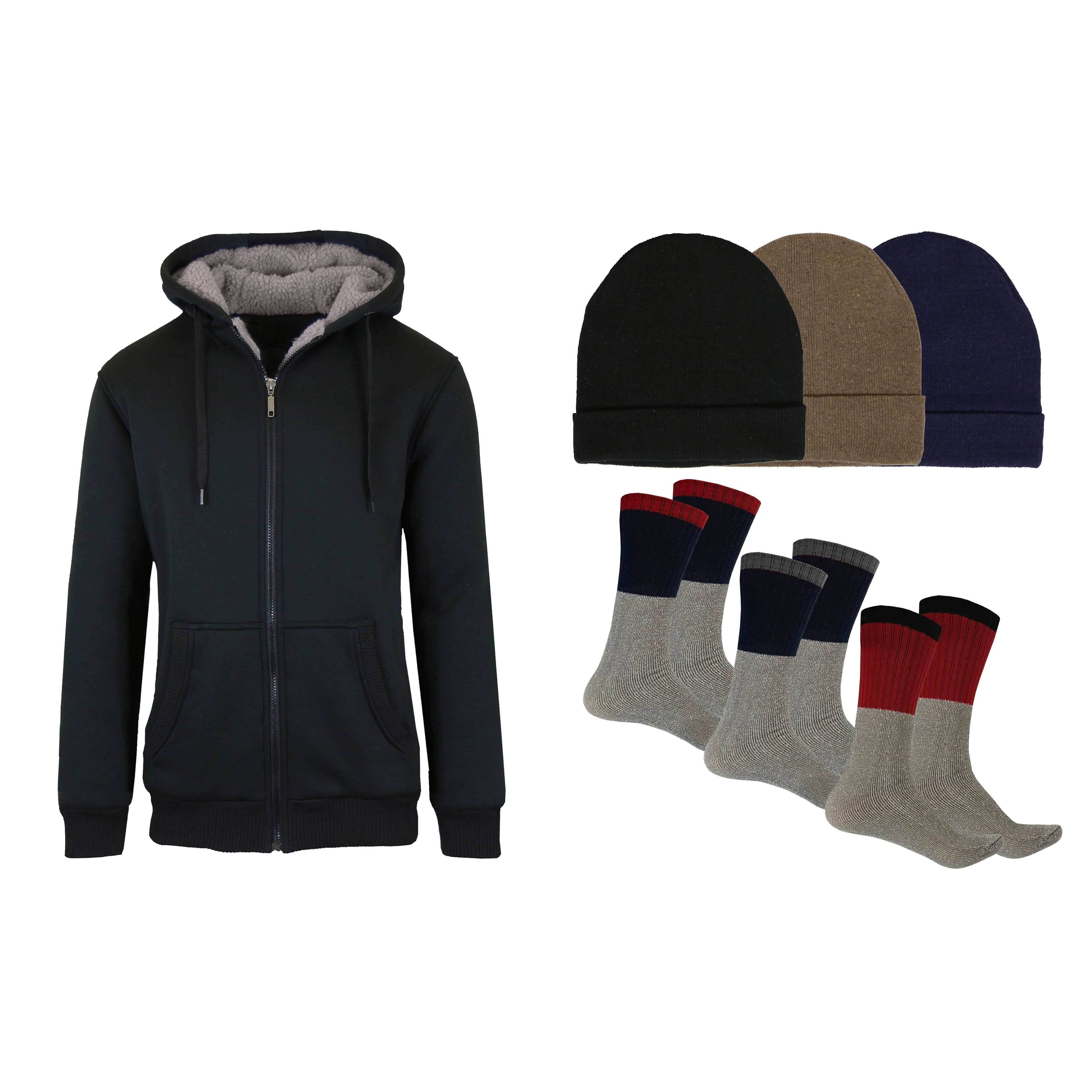 Men's Sherpa Hoodie, Fleece Lined Hat and Thermal Socks Gift Set Men's Clothing Black S - DailySale