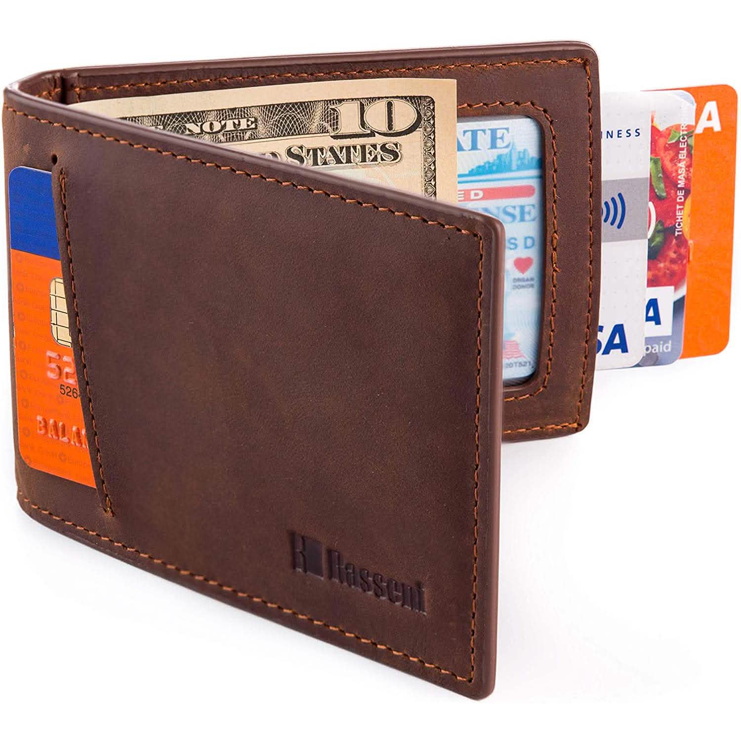 Men's Slim Leather Wallet with Money Clip Bifold Minimalist RFID Blocking Card Men's Accessories Reddish Brown - DailySale