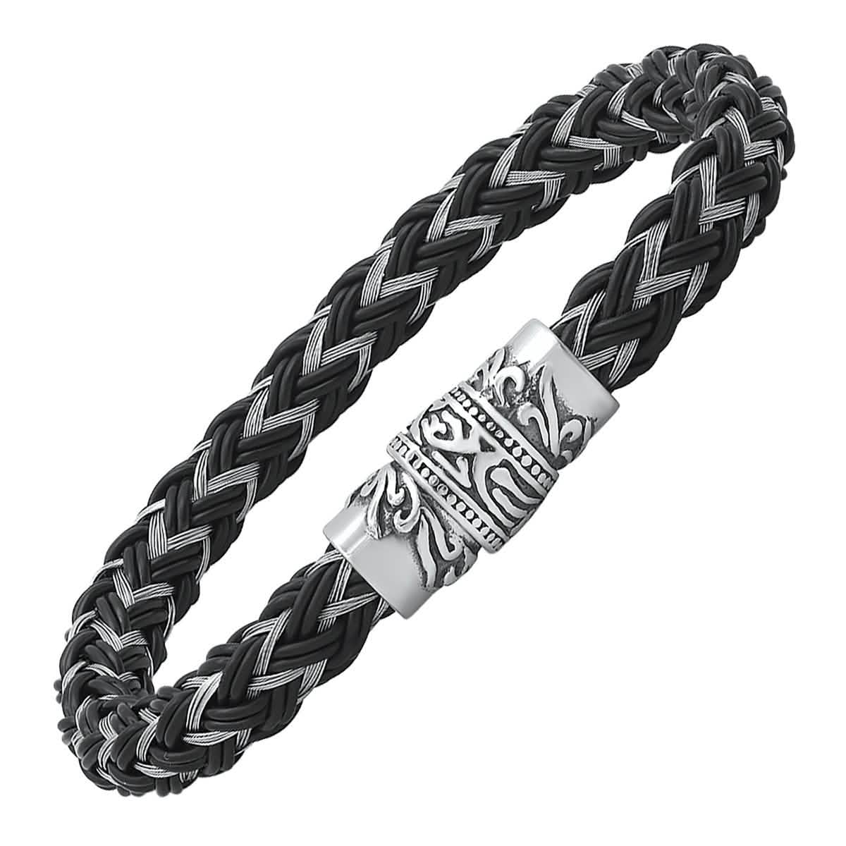 Men's Stainless Steel and Black Leather Braided Bracelet Men's Accessories - DailySale