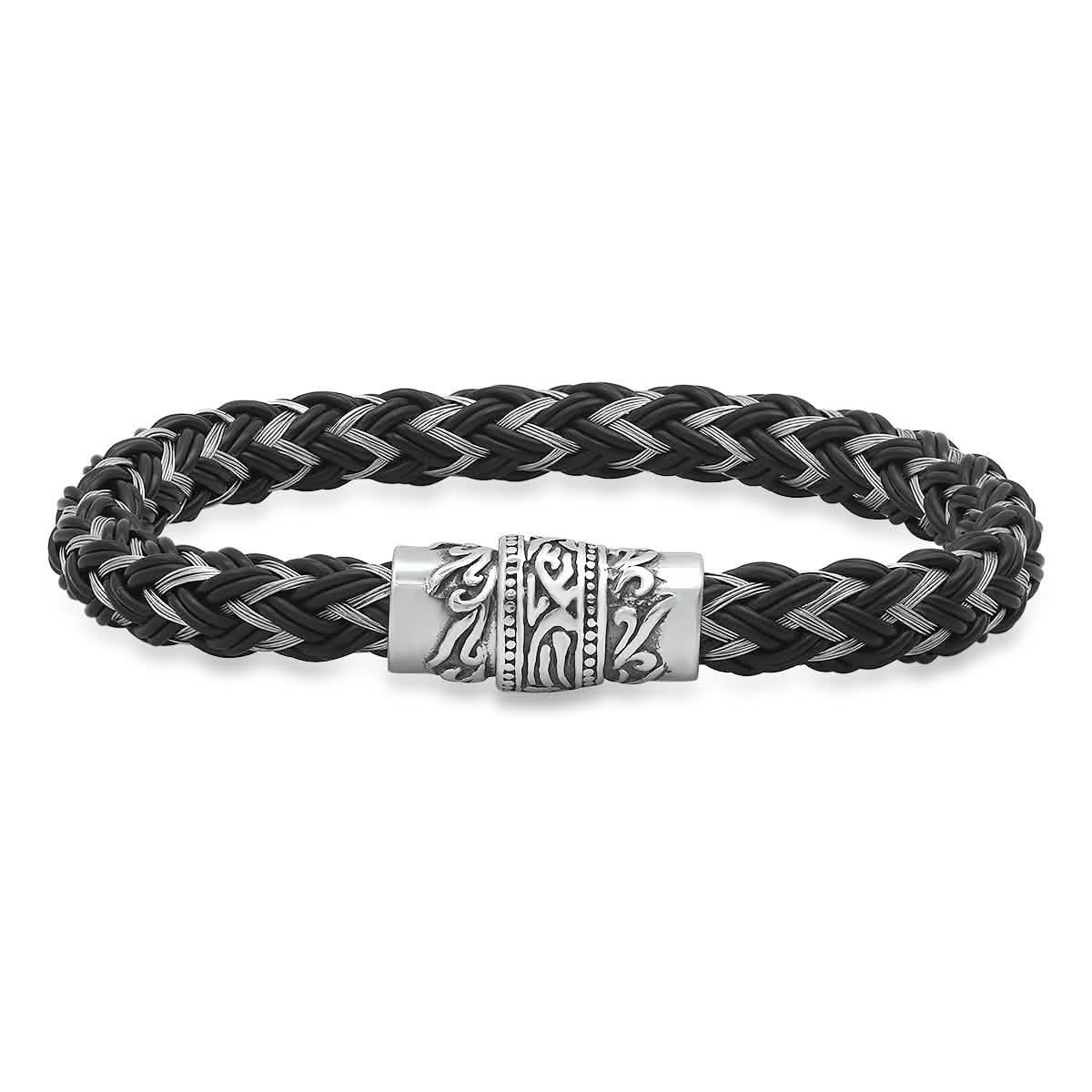 Men's Stainless Steel and Black Leather Braided Bracelet Men's Accessories - DailySale