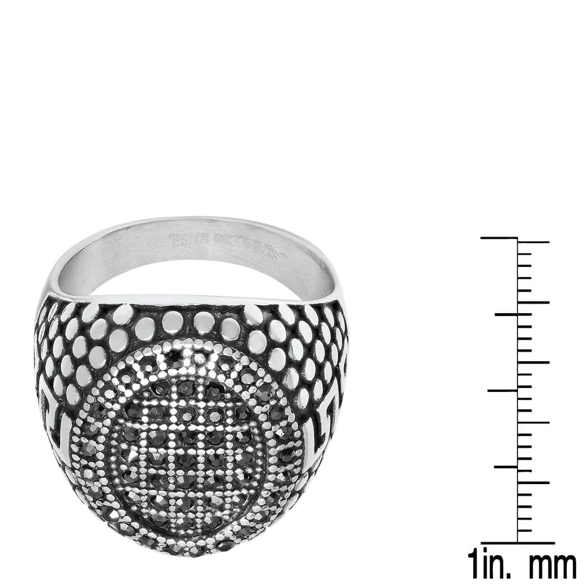 Men's Stainless Steel, Black IPand Gray CZ Pebble & Greek Key Accented Ring Rings - DailySale