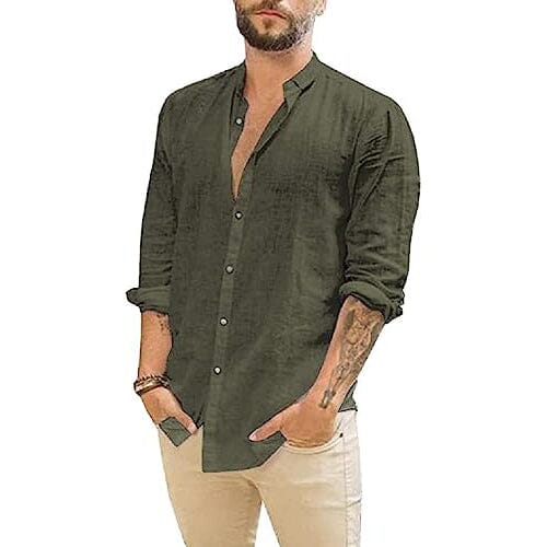 Mens Summer Casual Long Sleeve Cotton Linen T-Shirt Men's Tops Olive Green S - DailySale
