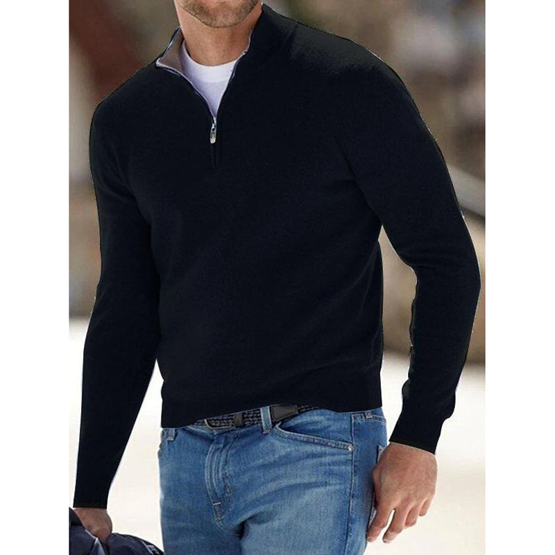Men's Sweater Jumper Pullover Ribbed Knit Cropped Zipper Knitted Solid Color Men's Tops Black S - DailySale