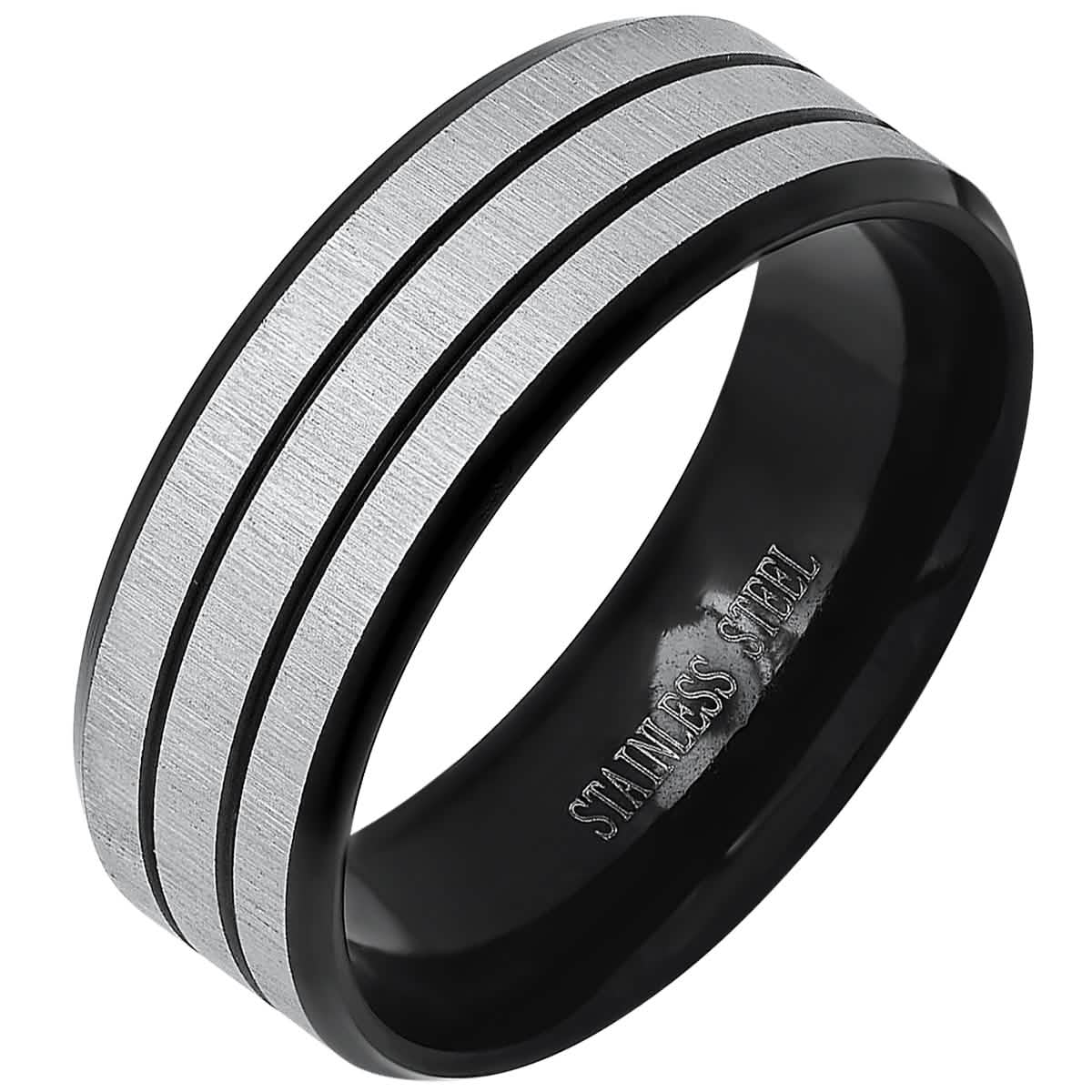 Men's Two Tone Black IP and Stainless Steel Band Ring Rings - DailySale