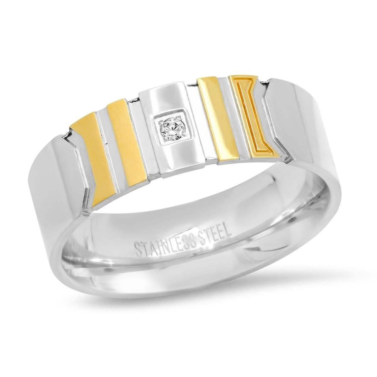 Men's Two-Tone Stainless Steel and 18K Gold Plated Ring with Simulated Center Diamond Rings - DailySale