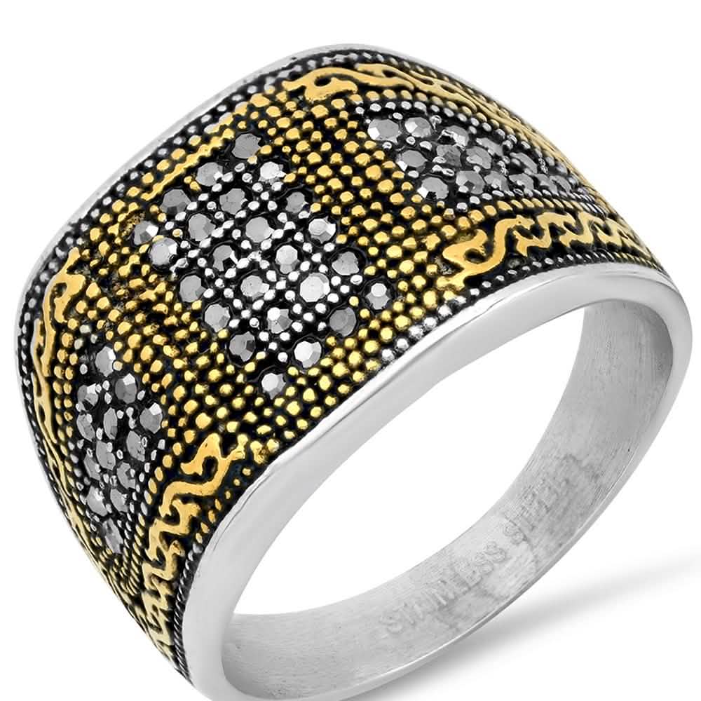 Men's Two Tone Stainless Steel And 18k Gold With Simulated Diamonds Ring Rings - DailySale