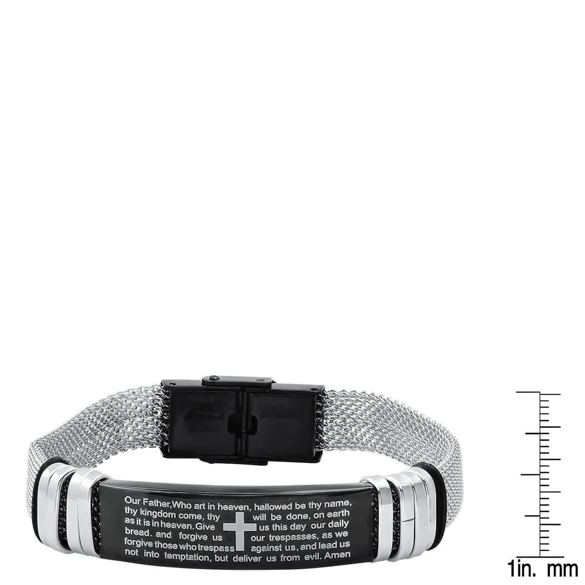 Men's Two Tone Stainless Steel and Black IP Our Father Prayer Mesh Bracelet Men's Accessories - DailySale