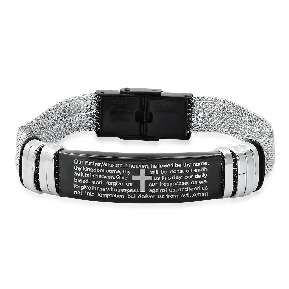Men's Two Tone Stainless Steel and Black IP Our Father Prayer Mesh Bracelet Men's Accessories - DailySale