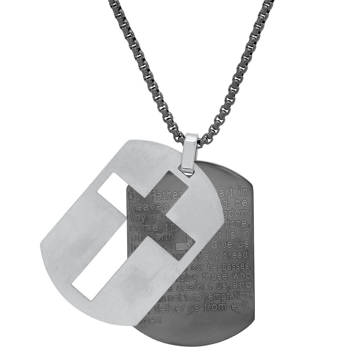 Men's Two Tone Stainless Steel Lords Prayer Double Dog Tag Pendant Necklaces Black - DailySale