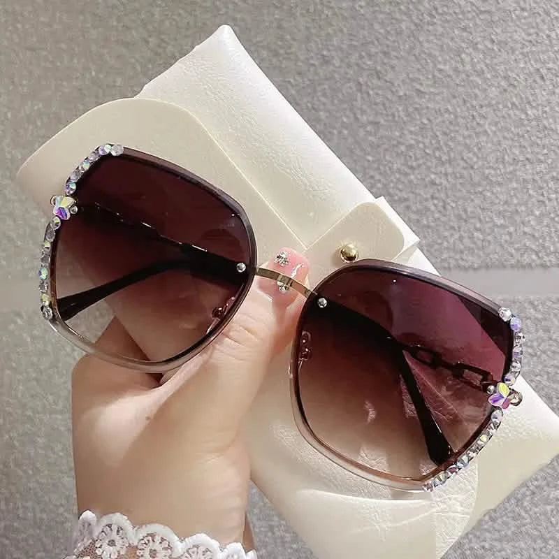 Metal Trimming Oversized Rhinestones Gradient Sun Glasses Women's Shoes & Accessories Coffee with Diamond - DailySale
