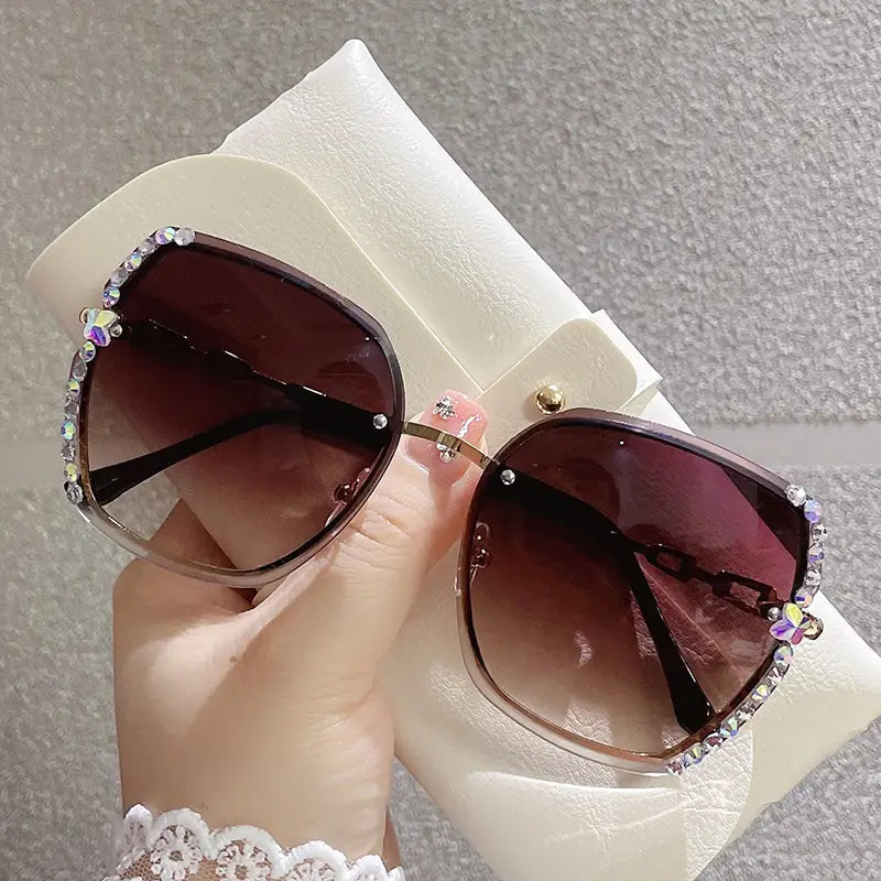 Metal Trimming Oversized Rhinestones Gradient Sun Glasses Women's Shoes & Accessories Coffee with Diamond - DailySale