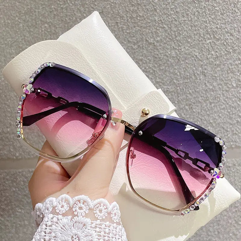 Metal Trimming Oversized Rhinestones Gradient Sun Glasses Women's Shoes & Accessories Purple with Diamond - DailySale