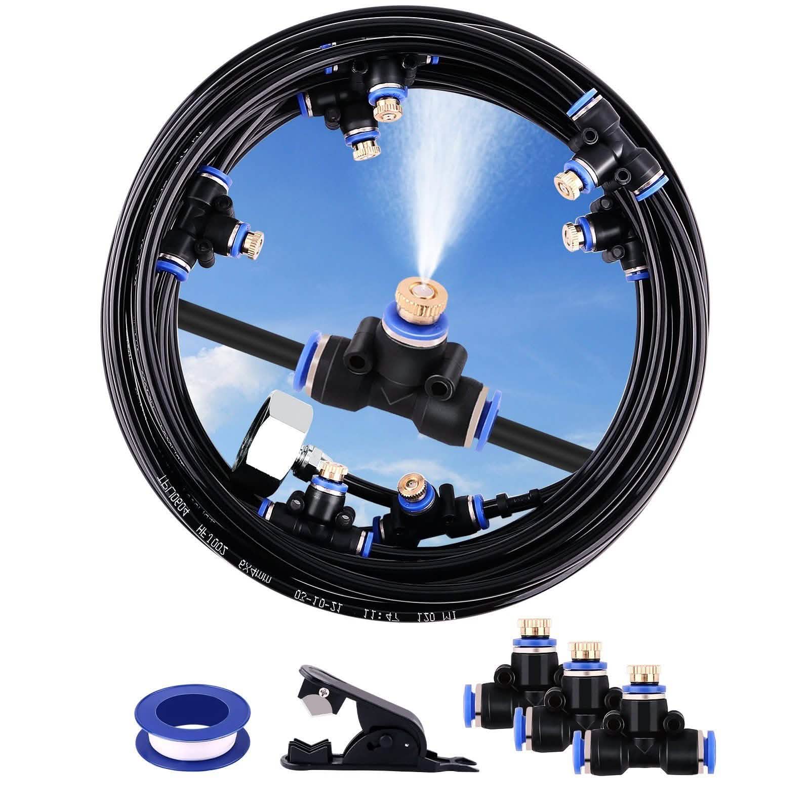 Mist Cooling System 26Ft Line + 10 T-Joint Nozzles Water Sprayer Garden & Patio - DailySale