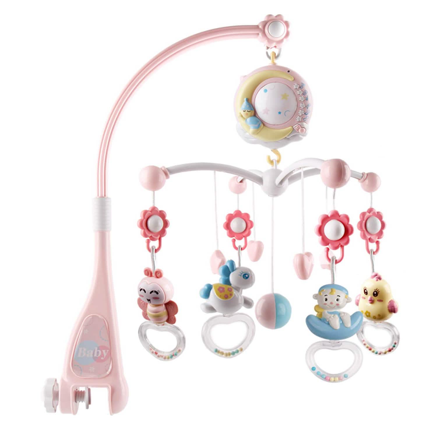 Mobile Star Projection Nursery Light Baby Rattle Toy with Music Box Remote Control Baby Pink - DailySale