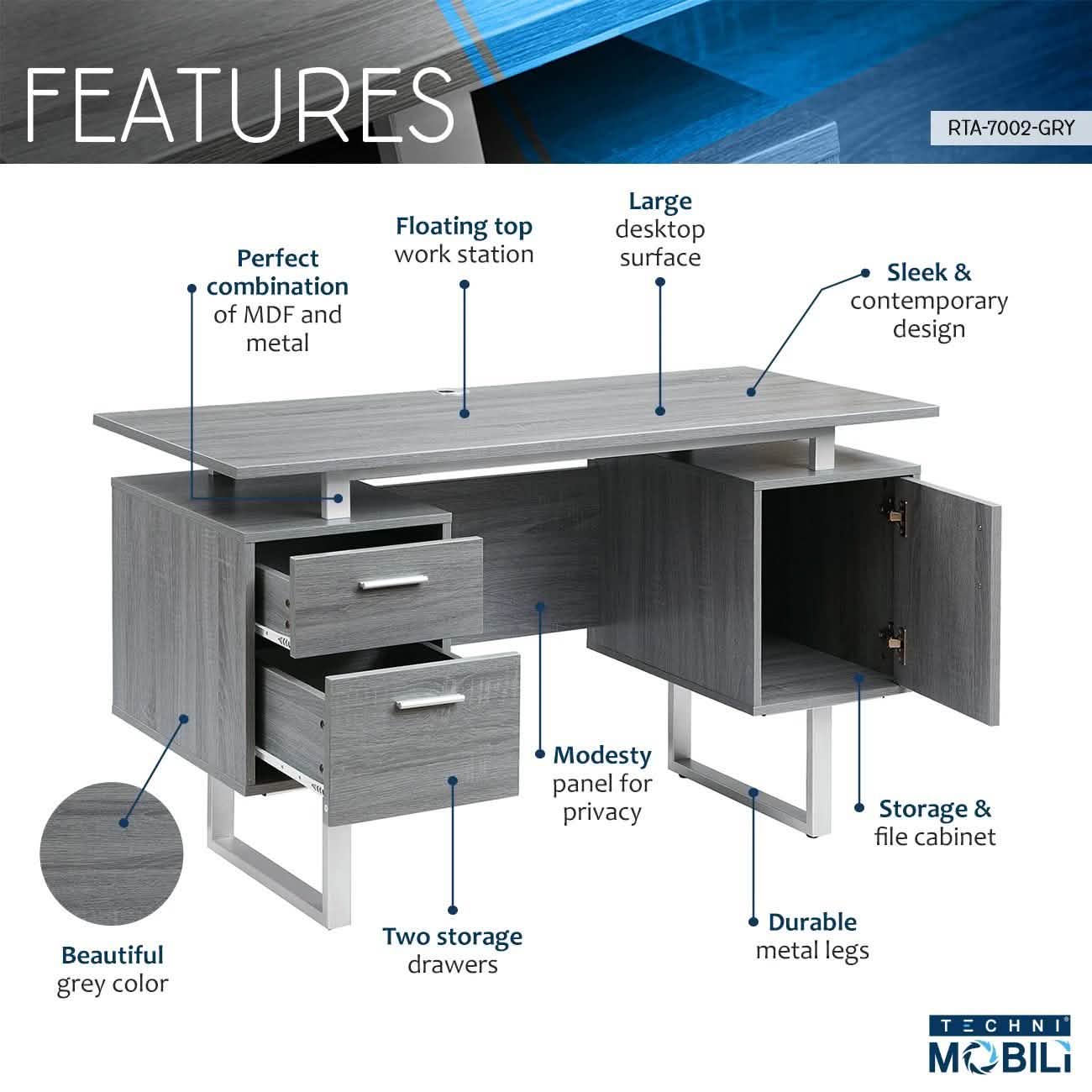 Modern Gray Office Desk with Storage Everything Else - DailySale