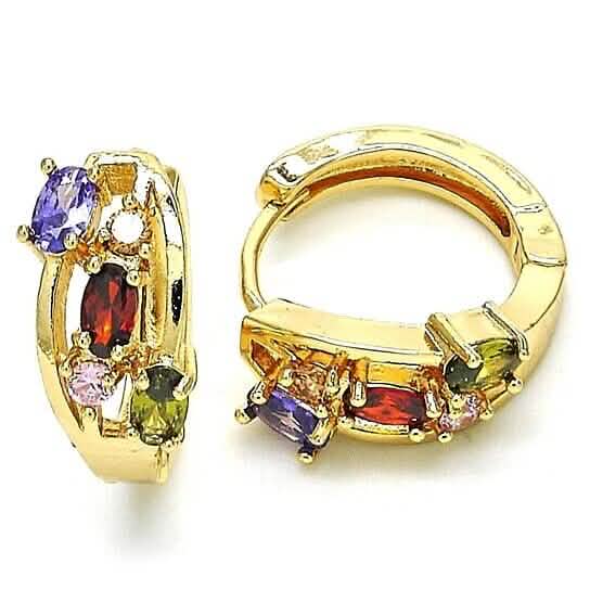 Multi Color Halo Huggie Oval Stones Earrings In Yellow Gold Filled High Polish Finish Earrings - DailySale