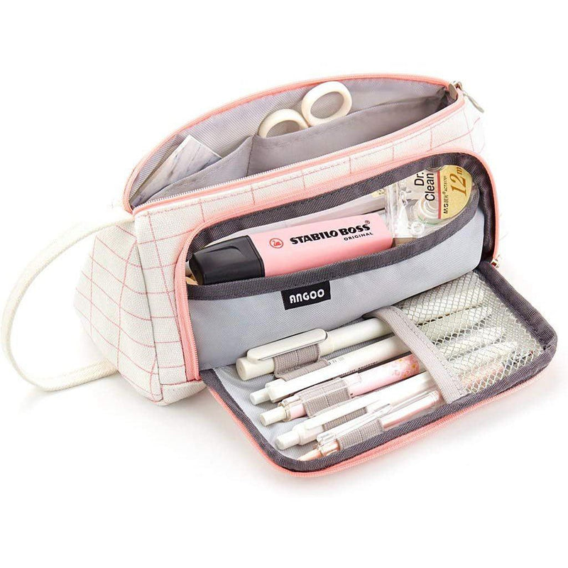Multi-Compartment Large Capacity Pencil Case Pouch Everything Else Pink Grid - DailySale
