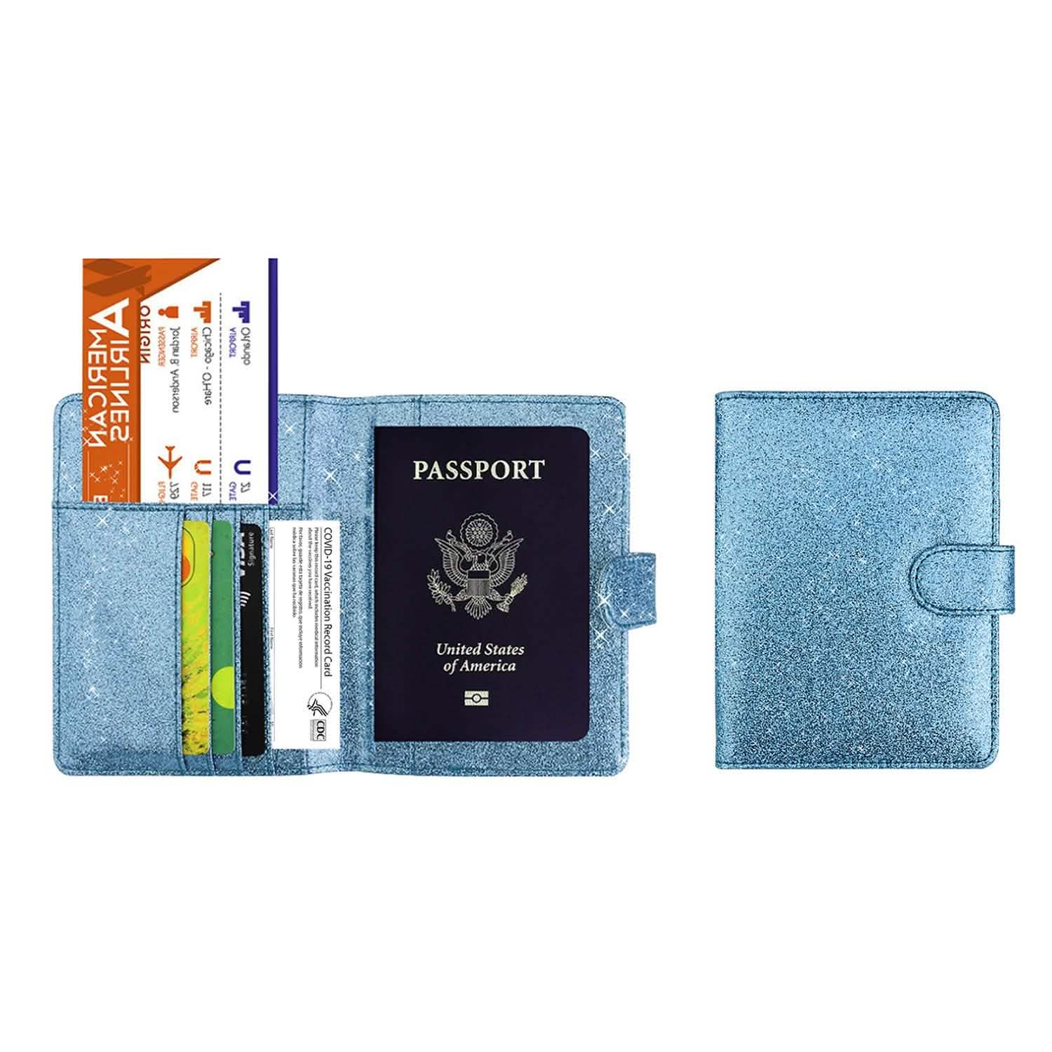 Multi Function Glitter Bling RFID Passport Organizer With CDC Vaccination Card Holder Bags & Travel Blue - DailySale