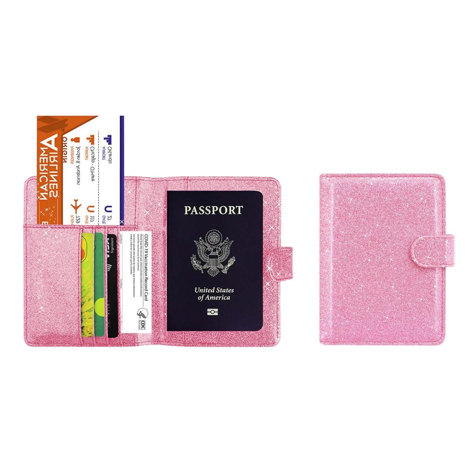 Multi Function Glitter Bling RFID Passport Organizer With CDC Vaccination Card Holder Bags & Travel Pink - DailySale