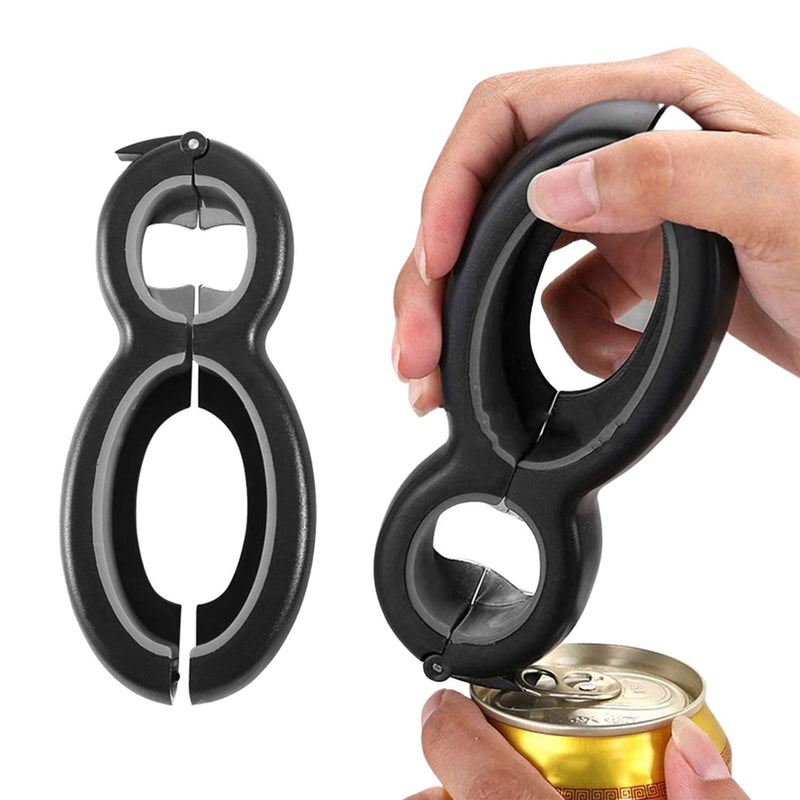 Front view of a Multifunctional 6-In-1 Can Jar Opener Tool And Adjustable Bottle Opener next to a closeup of a hand using the 6-in-1 opener to pry open an aluminum beverage can