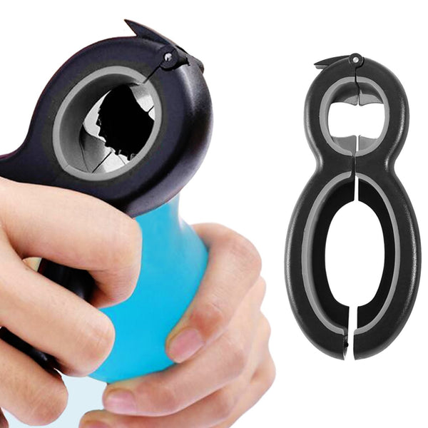 Closeup of a pair of hands operating the Multifunctional 6-In-1 Can Jar Opener Tool And Adjustable Bottle Opener to open a blue bottle next to an image of the front view of the bottle opener