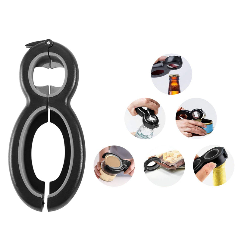 Front view of a Multifunctional 6-In-1 Can Jar Opener Tool And Adjustable Bottle Opener with five inset pictures showing the opener in action for different use cases