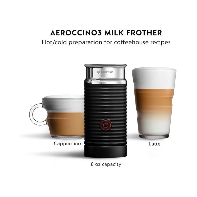 An 8 oz Nespresso Aeroccino Milk Frother (Refurbished) placed in front of a cup holding a cappuccino and a glass holding a latte, all three shown with a white background