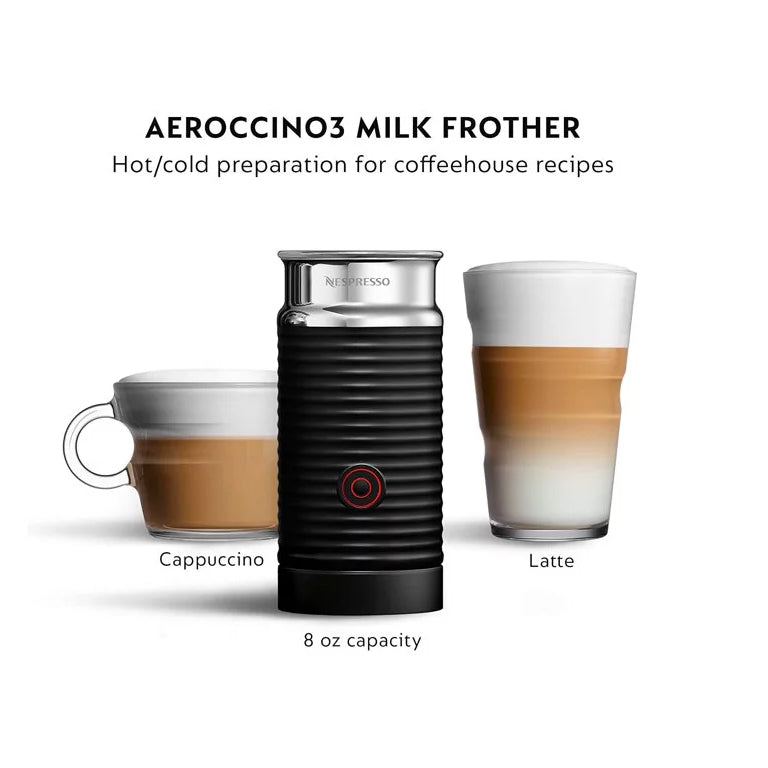 An 8 oz Nespresso Aeroccino Milk Frother (Refurbished) placed in front of a cup holding a cappuccino and a glass holding a latte, all three shown with a white background