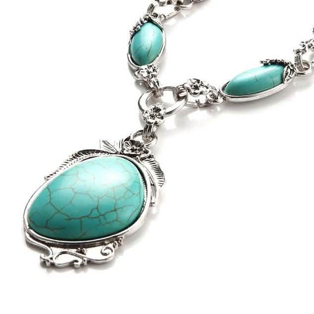 Novadab Antique Silver Tibet Turquoise Long Chain Silver Plated Necklace Necklaces - DailySale