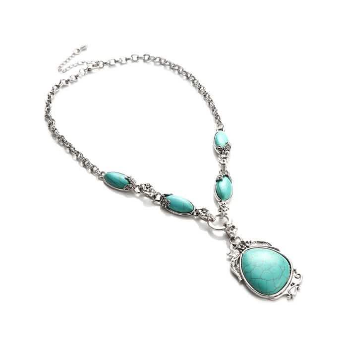 Novadab Antique Silver Tibet Turquoise Long Chain Silver Plated Necklace Necklaces - DailySale