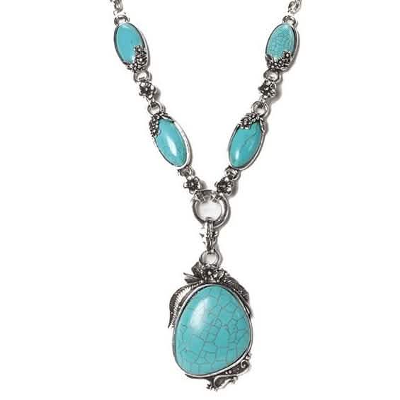 Novadab Antique Silver Tibet Turquoise Long Chain Silver Plated Necklace Necklaces - DailySale