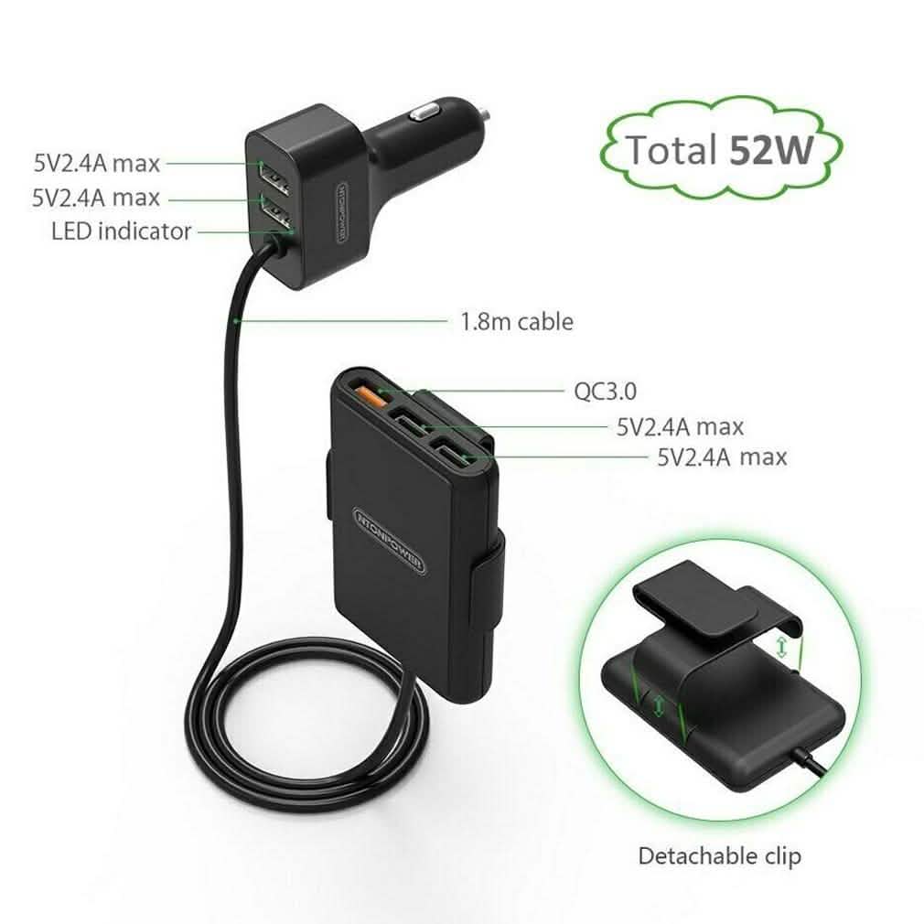 NTONPOWER 5 USB Ports Car Charger with 1.8 Extension Cable Auto Accessories - DailySale