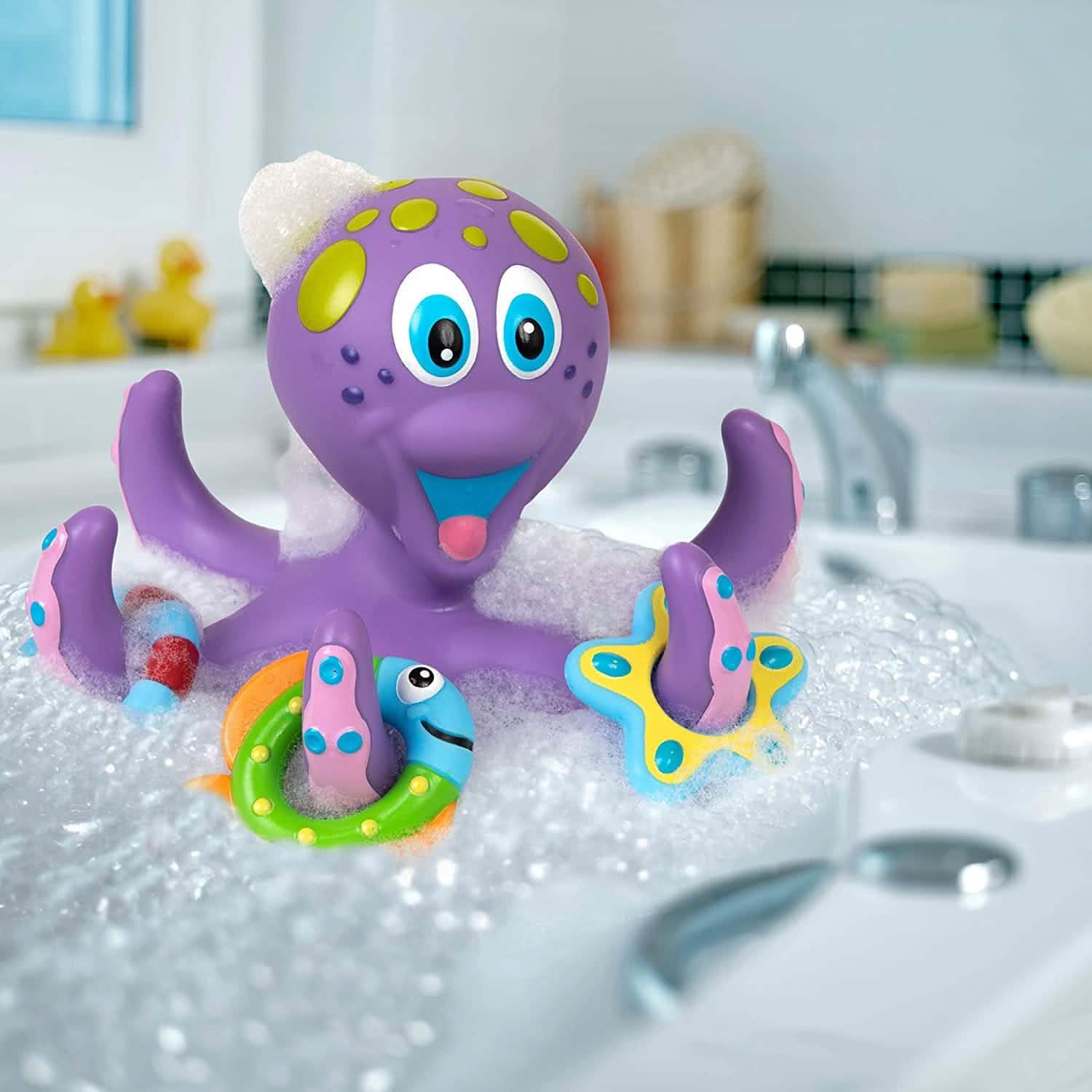 Nuby Floating Purple Octopus with 3 Hoopla Rings Interactive Bath Toy Toy Airplanes - DailySale
