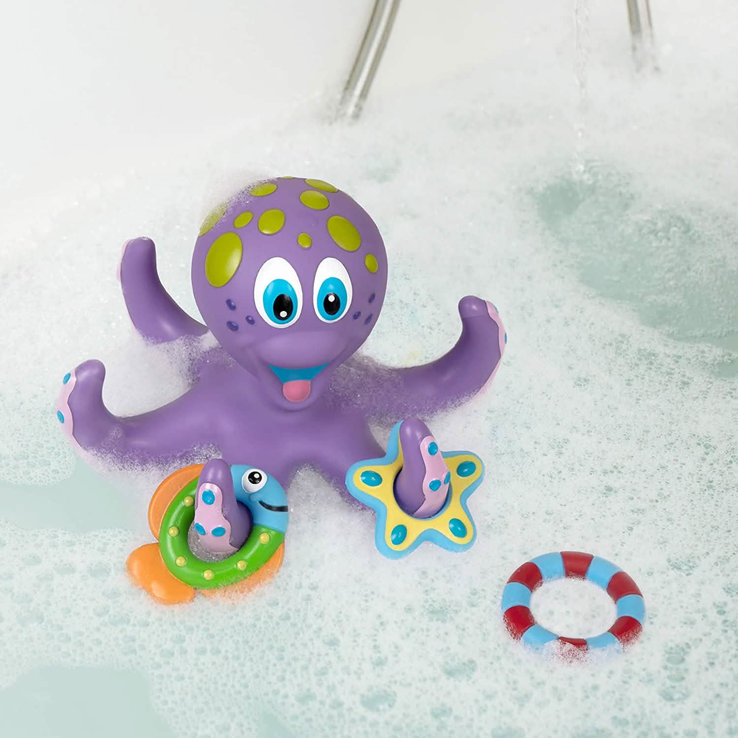 Nuby Floating Purple Octopus with 3 Hoopla Rings Interactive Bath Toy Toy Airplanes - DailySale