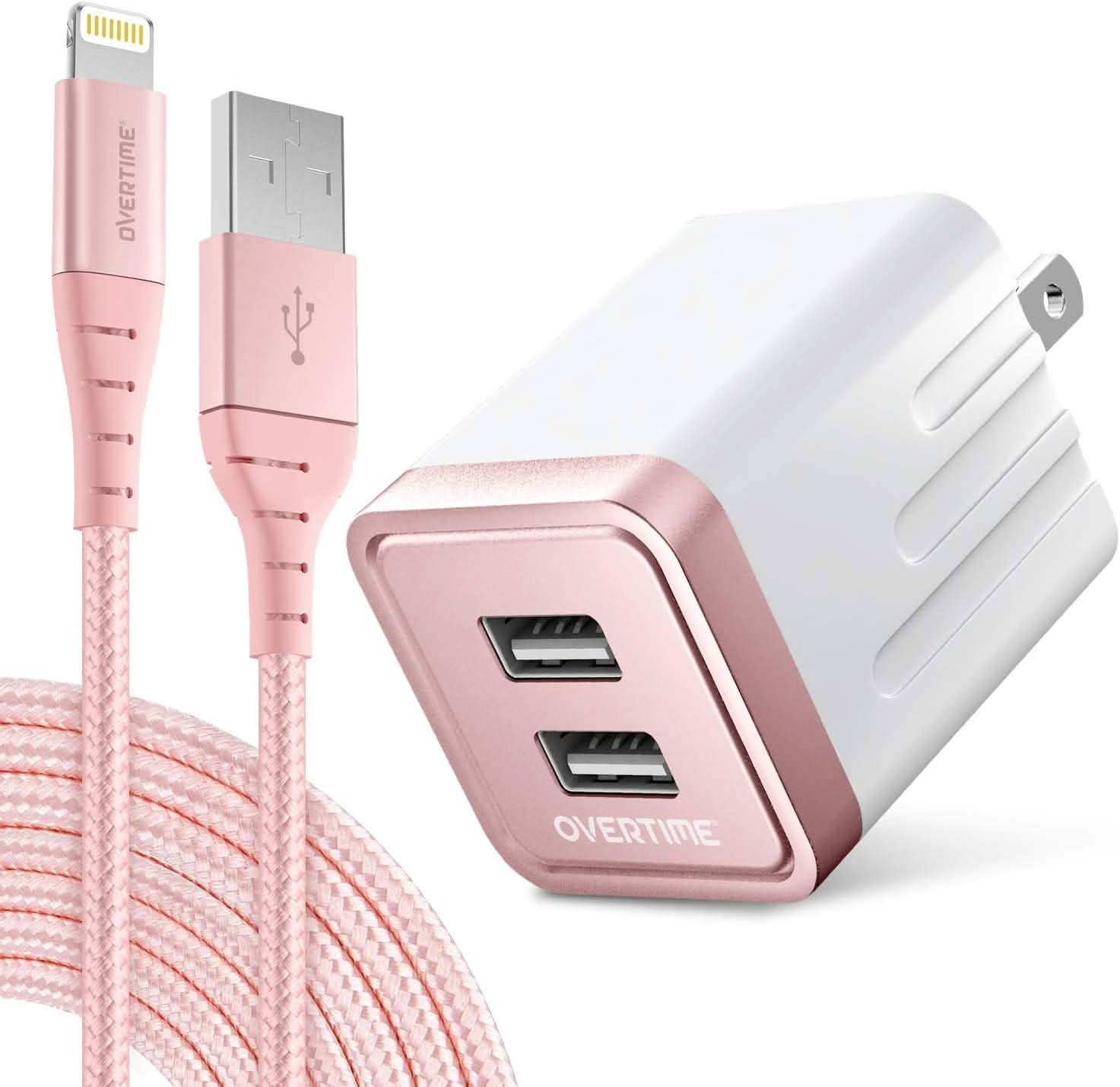 Overtime Apple MFi Certified Lightning Cable 6ft with Dual USB Wall Charger Adapter Mobile Accessories - DailySale
