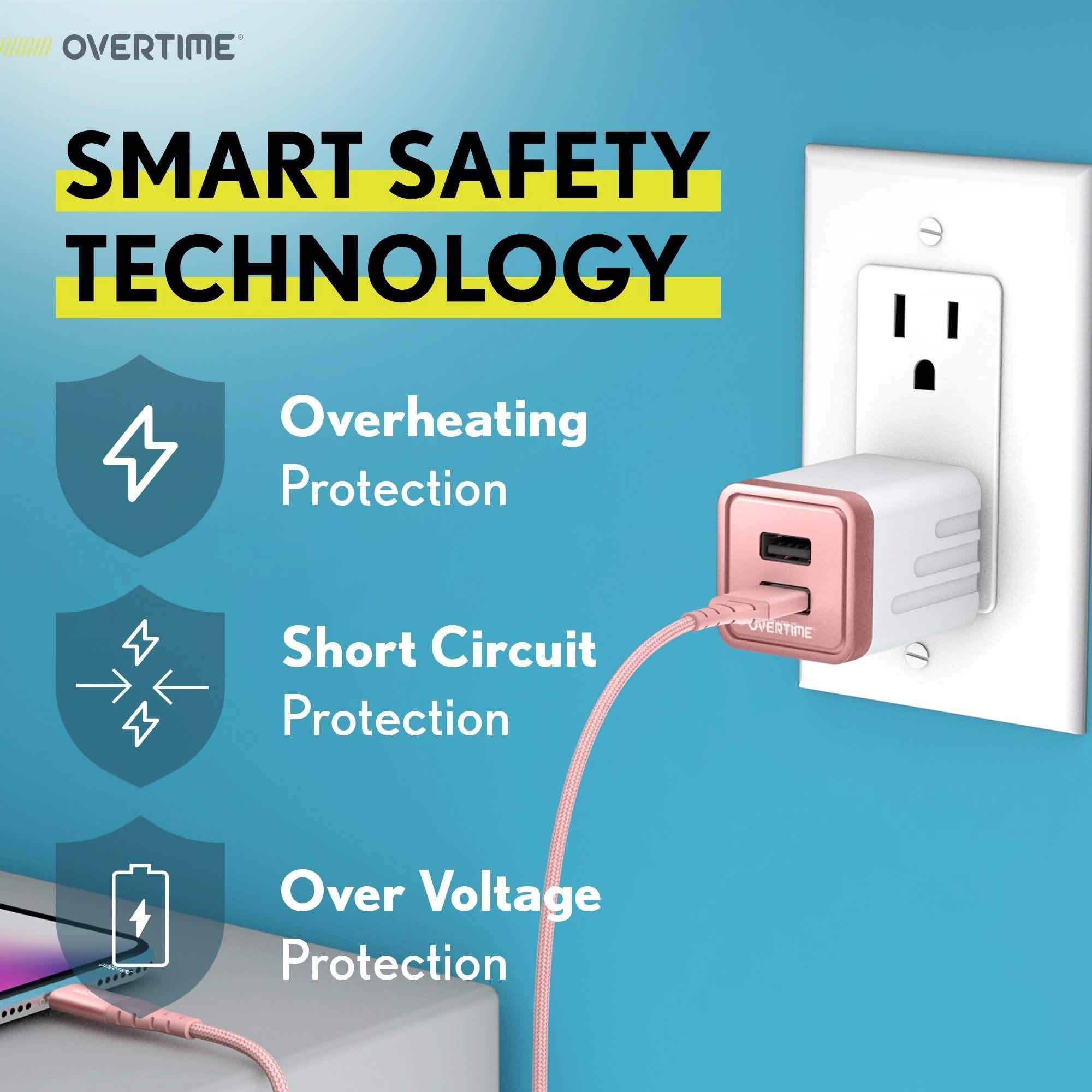 Overtime iPhone Charger Set, Apple MFi Certified Lightning Cable 10ft with Dual USB Wall Charger Adapter - Rose Gold Mobile Accessories - DailySale