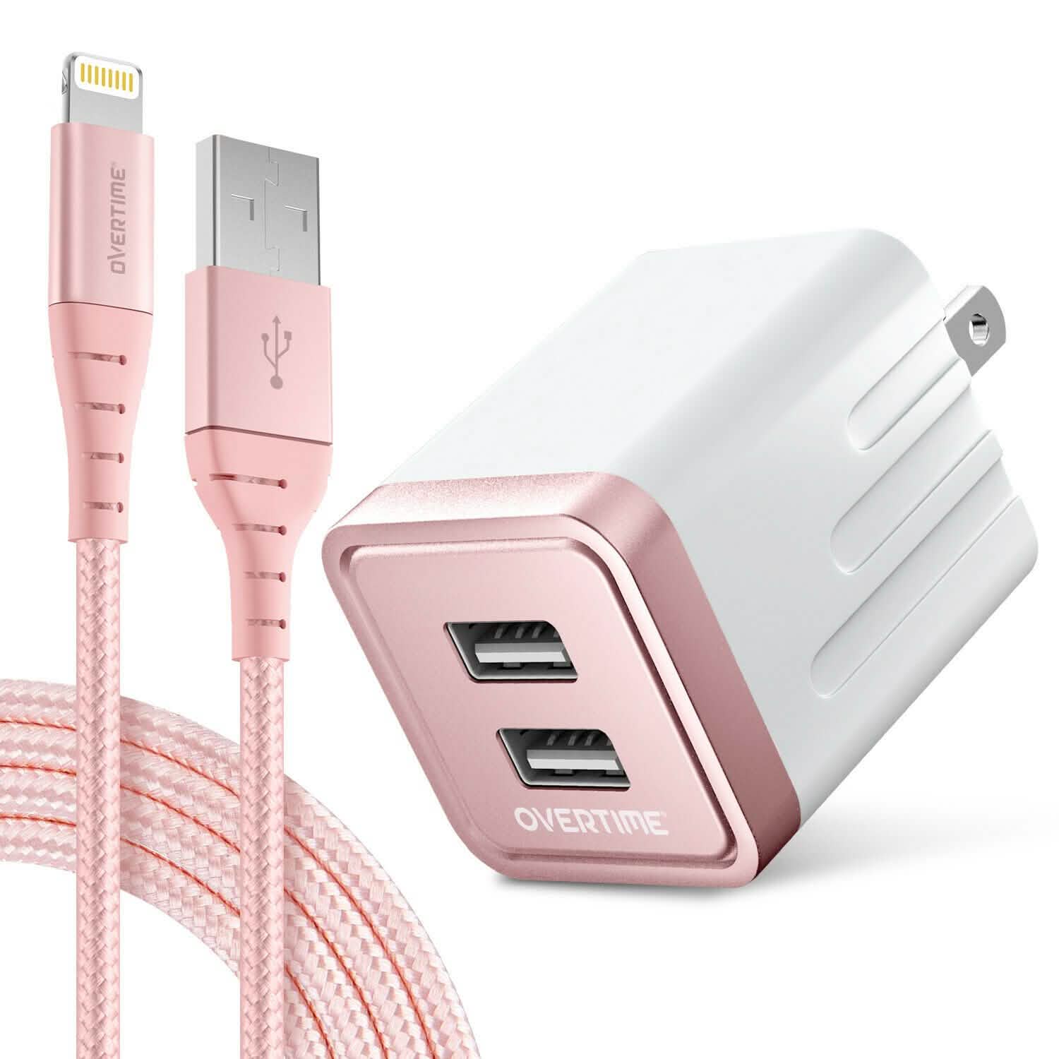 Overtime iPhone Charger Set, Apple MFi Certified Lightning Cable 10ft with Dual USB Wall Charger Adapter - Rose Gold Mobile Accessories - DailySale