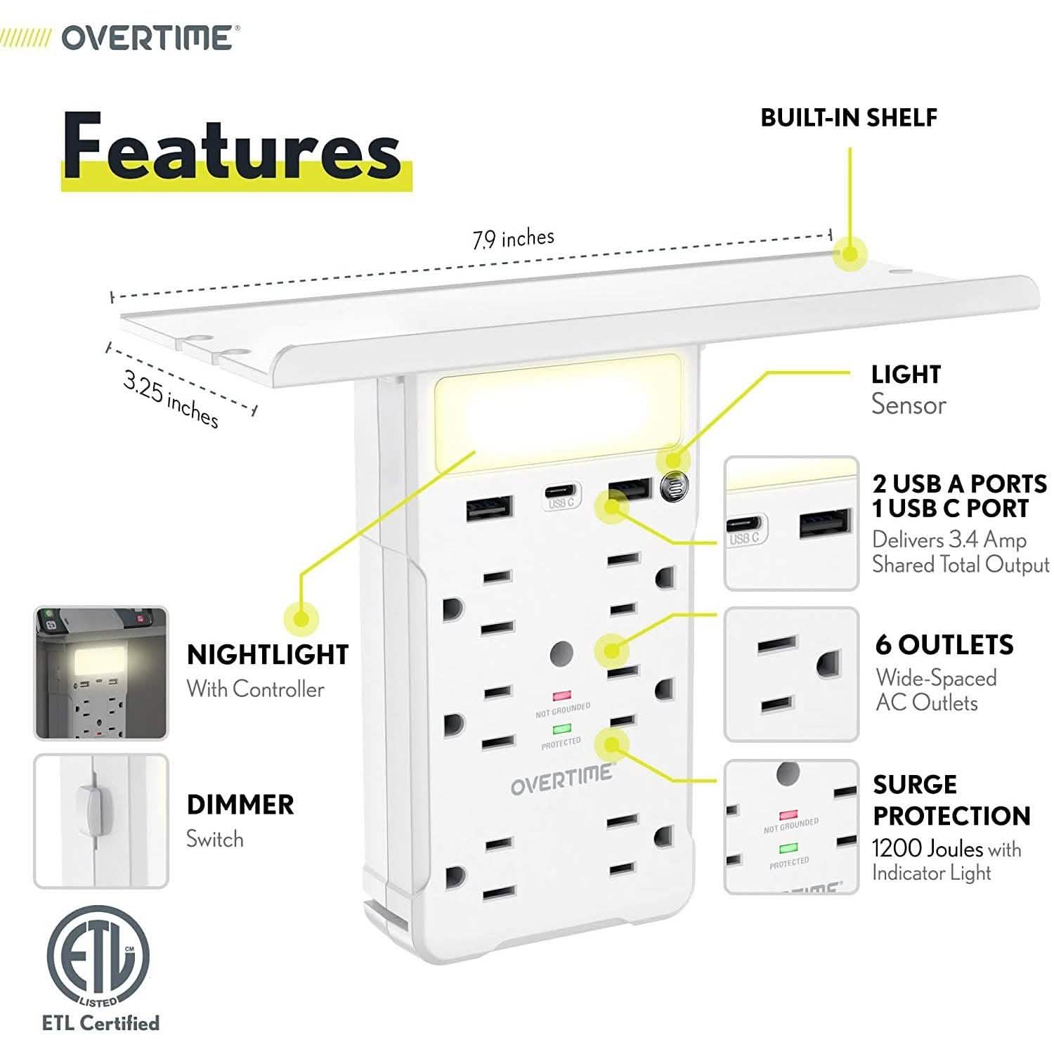 Overtime USB Socket Shelf Night Light - Multi Plug Outlet Extender with Surge Protector Household Batteries & Electrical - DailySale