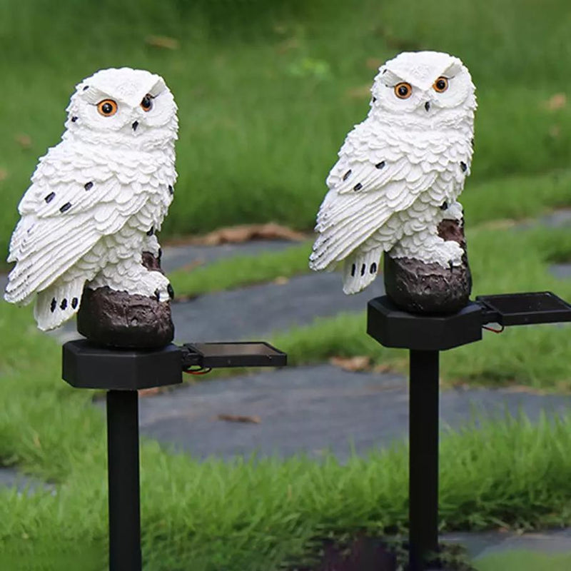 2 white Owl Solar LED Lights with Decorative Stake installed side by side in a garden