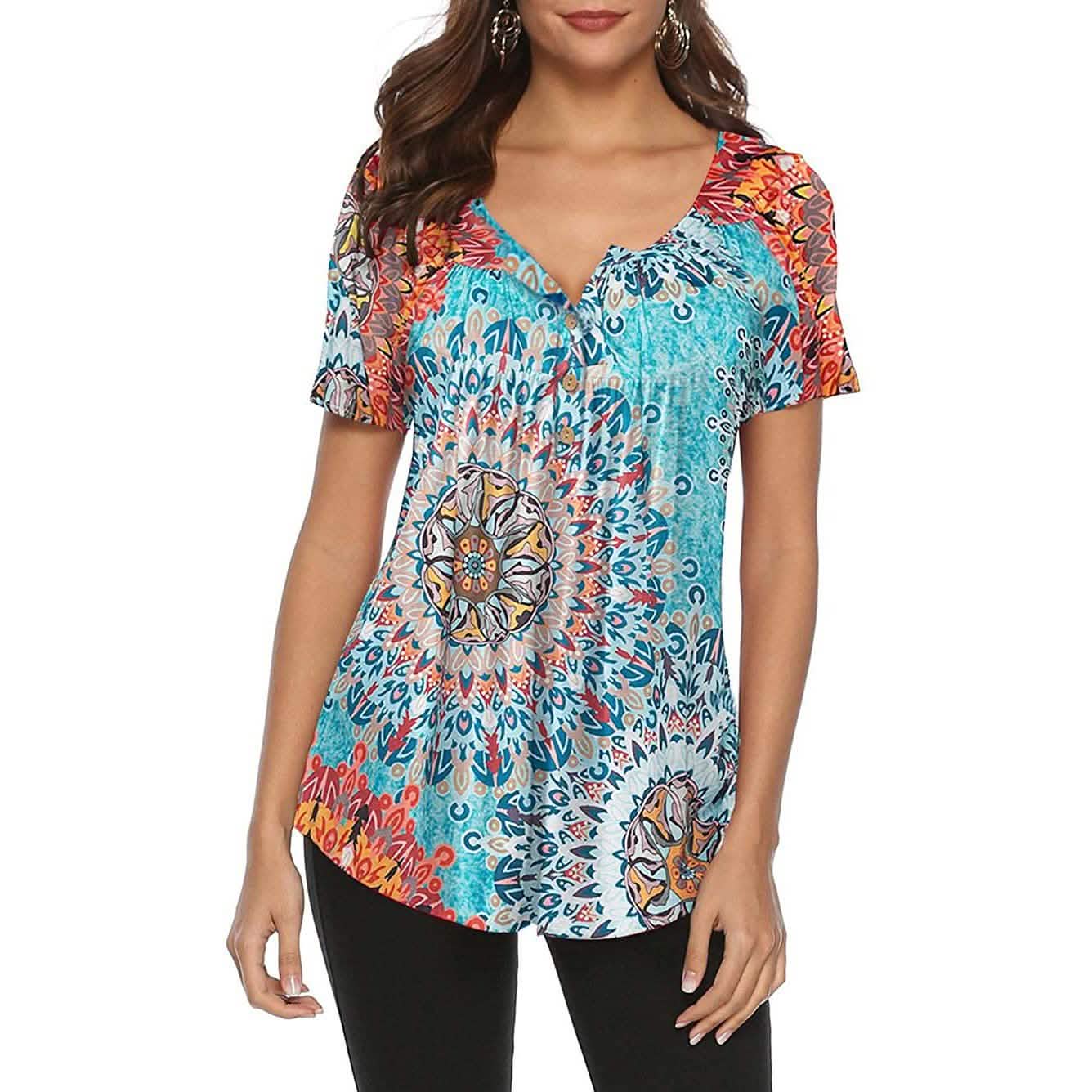 Paisley Printed Button Up Top Short Sleeve V Neck Pleated Casual Loose Flare Tunic Blouse Henley Shirt Women's Clothing Multicolor S - DailySale
