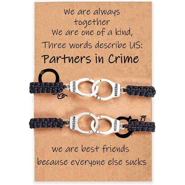 Partner in Crime Handcuff Friendship Bracelets shown in original retail packaging, available at Dailysale
