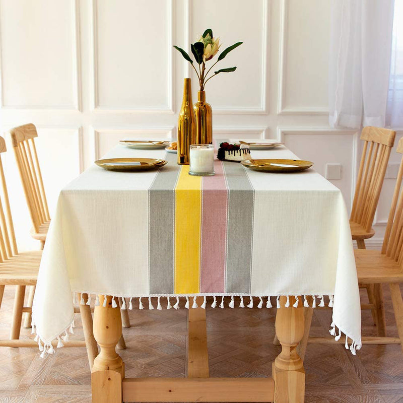 Patchwork Fringed Linen Tablecloth Wine & Dining Yellow 55" - DailySale