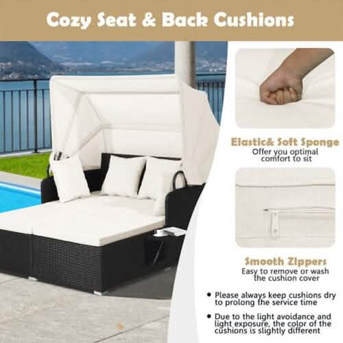 Patio Rattan Daybed with Retractable Canopy and Side Tables Furniture & Decor - DailySale