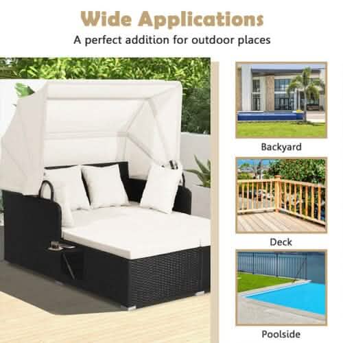 Patio Rattan Daybed with Retractable Canopy and Side Tables Furniture & Decor - DailySale