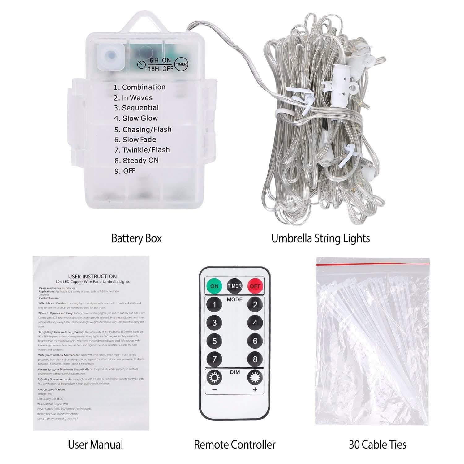 Patio Umbrella Lights 8 Lighting Mode with Remote Control Garden & Patio - DailySale